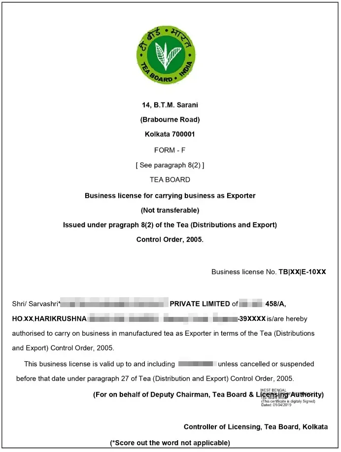 Exporter's License Certificate [Sample]