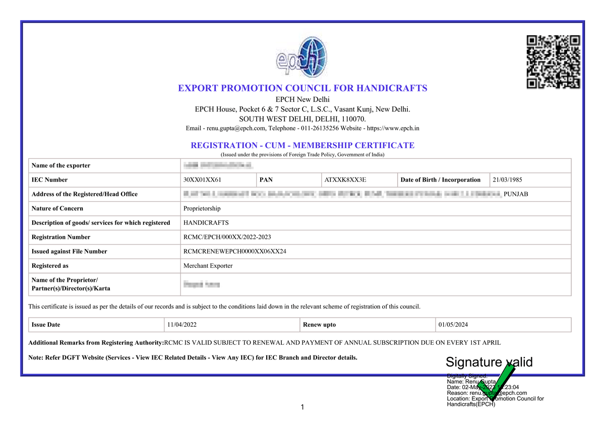 EPCH Certificate Sample