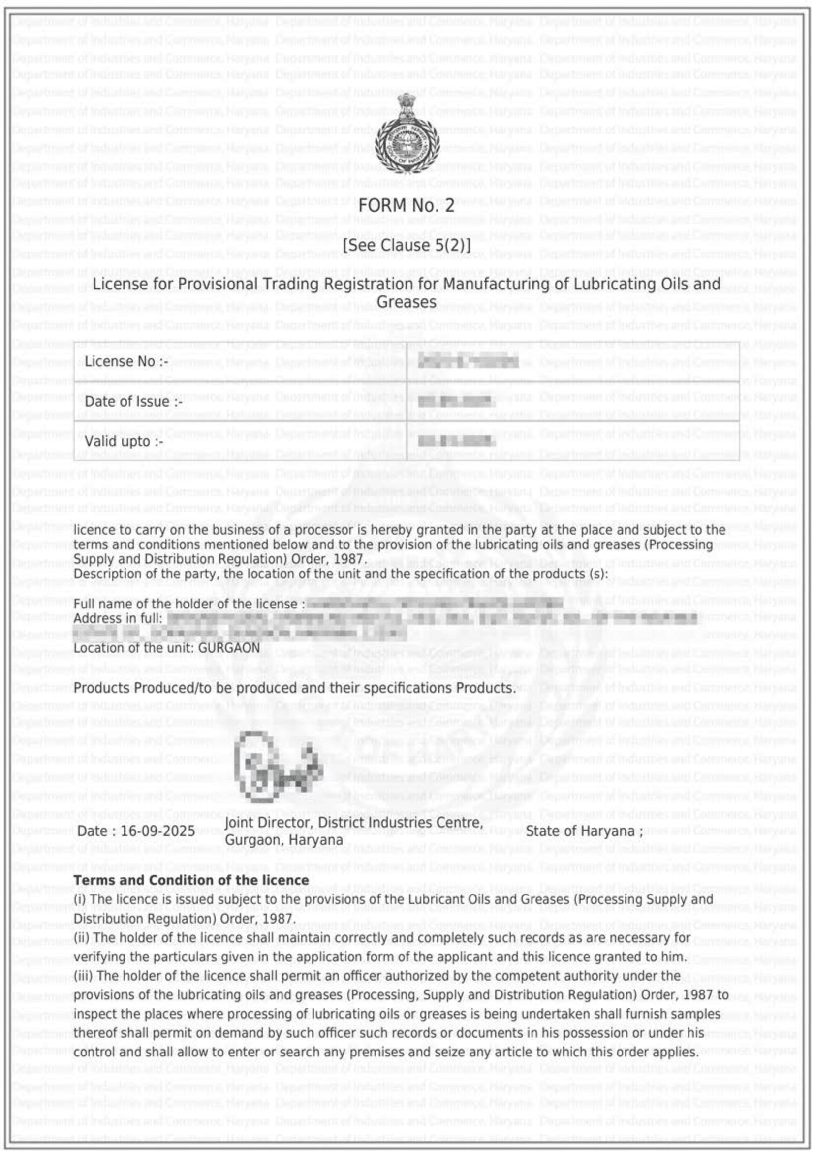 Lube License Certificate [Sample]